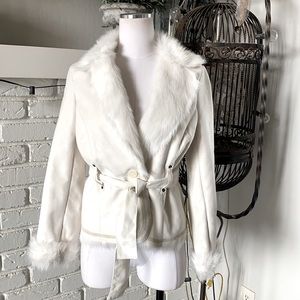 White House BLACK MARKET FAUX FUR LINED FAUX SUEDE BELT JACKET ONE BUTTON SMALL